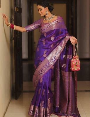 Purple  silk blend jacuard work festival saree with unstitched blouse piece 2