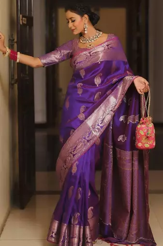 Purple  silk blend jacuard work festival saree with unstitched blouse piece