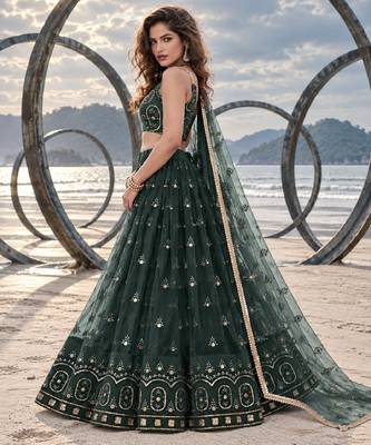 DARK GREEN NET THREAD WITH ZARI AND SEQUIN WORK FESTIVE LEHENGA CHOLI 3