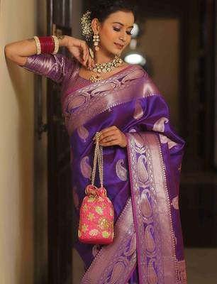 Purple  silk blend jacuard work festival saree with unstitched blouse piece 3