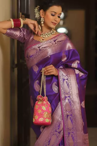 Purple  silk blend jacuard work festival saree with unstitched blouse piece