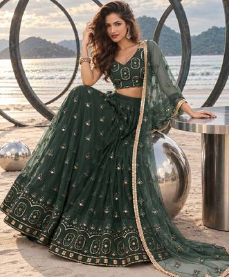 DARK GREEN NET THREAD WITH ZARI AND SEQUIN WORK FESTIVE LEHENGA CHOLI 4
