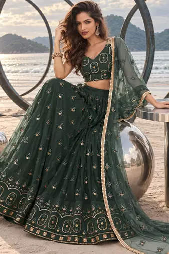 DARK GREEN NET THREAD WITH ZARI AND SEQUIN WORK FESTIVE LEHENGA CHOLI