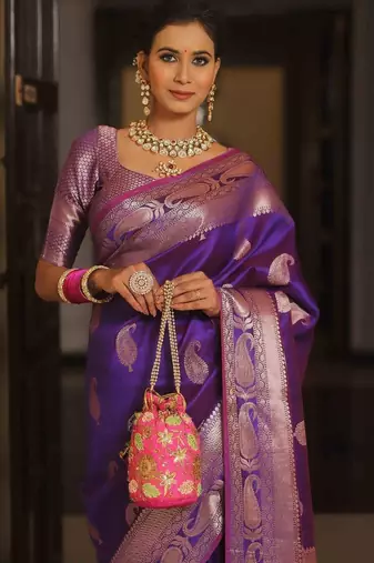 Purple  silk blend jacuard work festival saree with unstitched blouse piece
