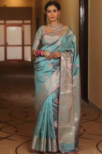 Sky  silk blend jacuard work festival saree with unstitched blouse piece
