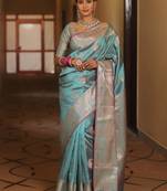 Sky  silk blend jacuard work festival saree with unstitched blouse piece