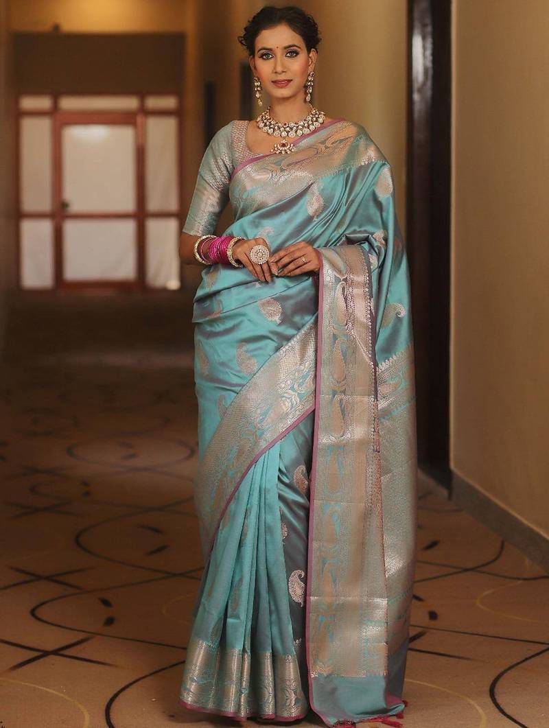 Sky  silk blend jacuard work festival saree with unstitched blouse piece