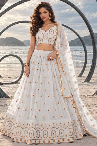OFF WHITE NET THREAD WITH ZARI AND SEQUIN WORK FESTIVE LEHENGA CHOLI