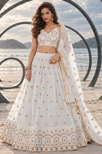 OFF WHITE NET THREAD WITH ZARI AND SEQUIN WORK FESTIVE LEHENGA CHOLI