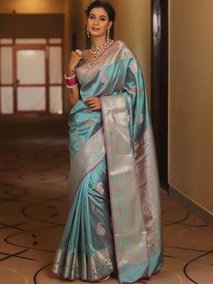 Sky  silk blend jacuard work festival saree with unstitched blouse piece 2