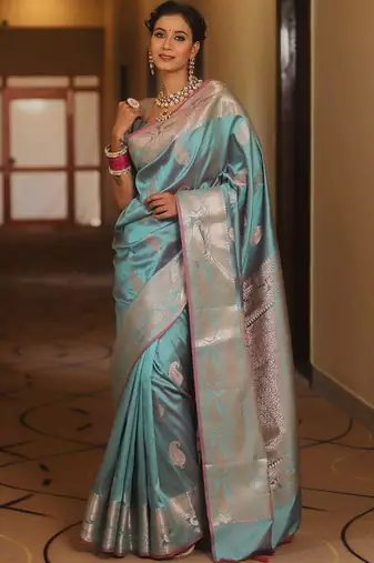 Sky  silk blend jacuard work festival saree with unstitched blouse piece