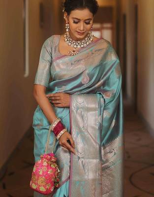 Sky  silk blend jacuard work festival saree with unstitched blouse piece 3