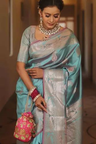 Sky  silk blend jacuard work festival saree with unstitched blouse piece