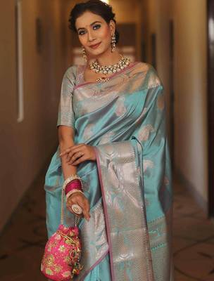 Sky  silk blend jacuard work festival saree with unstitched blouse piece 4