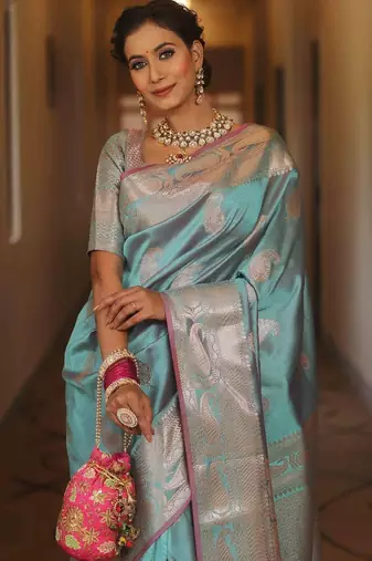 Sky  silk blend jacuard work festival saree with unstitched blouse piece