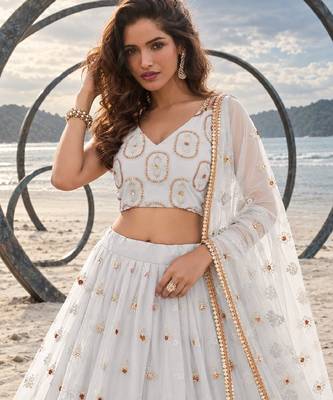 OFF WHITE NET THREAD WITH ZARI AND SEQUIN WORK FESTIVE LEHENGA CHOLI 5