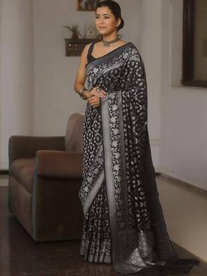 Black  silk blend jacuard work festival saree with unstitched blouse piece 1