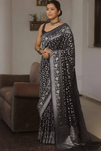 Black  silk blend jacuard work festival saree with unstitched blouse piece