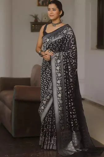 Black  silk blend jacuard work festival saree with unstitched blouse piece