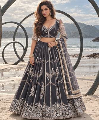 DARK GREY NET THREAD WITH ZARI AND SEQUIN WORK FESTIVE LEHENGA CHOLI 1