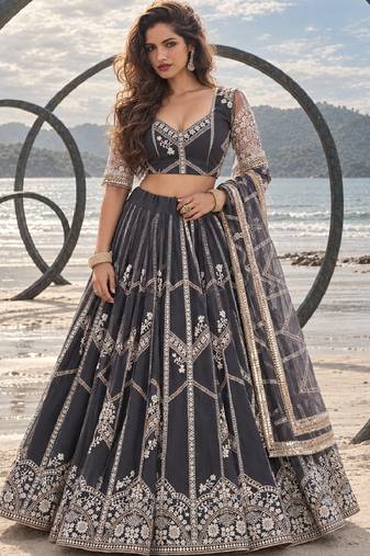 DARK GREY NET THREAD WITH ZARI AND SEQUIN WORK FESTIVE LEHENGA CHOLI