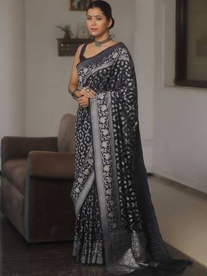 Black  silk blend jacuard work festival saree with unstitched blouse piece 2