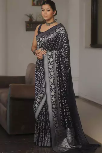 Black  silk blend jacuard work festival saree with unstitched blouse piece