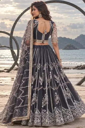 DARK GREY NET THREAD WITH ZARI AND SEQUIN WORK FESTIVE LEHENGA CHOLI