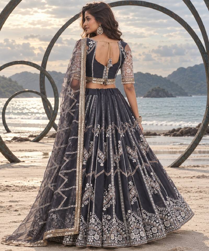 DARK GREY NET THREAD WITH ZARI AND SEQUIN WORK FESTIVE LEHENGA CHOLI