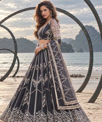DARK GREY NET THREAD WITH ZARI AND SEQUIN WORK FESTIVE LEHENGA CHOLI 3