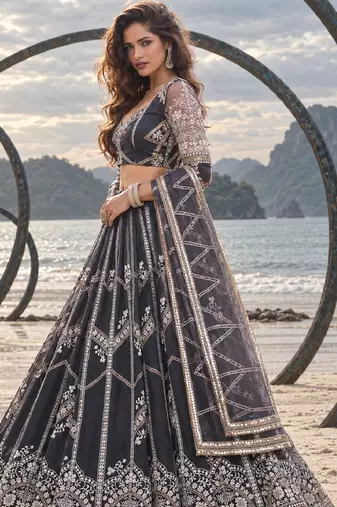 DARK GREY NET THREAD WITH ZARI AND SEQUIN WORK FESTIVE LEHENGA CHOLI