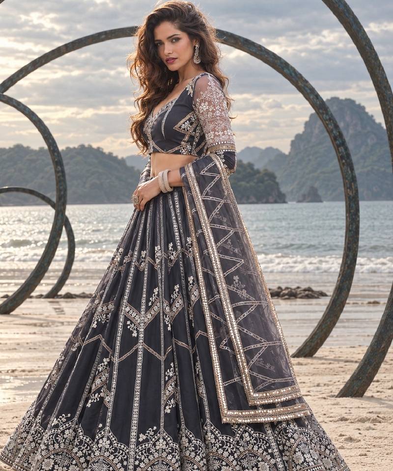 DARK GREY NET THREAD WITH ZARI AND SEQUIN WORK FESTIVE LEHENGA CHOLI