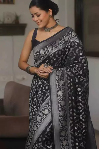 Black  silk blend jacuard work festival saree with unstitched blouse piece