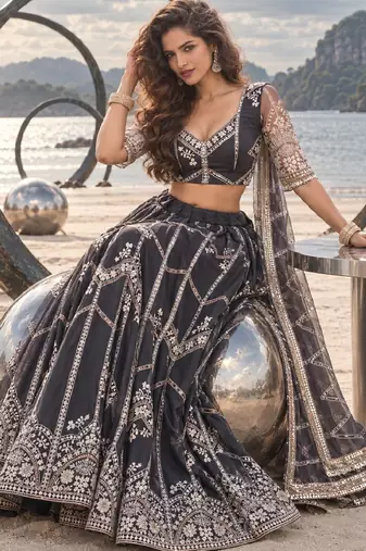 DARK GREY NET THREAD WITH ZARI AND SEQUIN WORK FESTIVE LEHENGA CHOLI