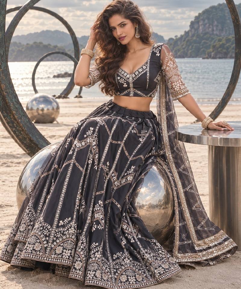 DARK GREY NET THREAD WITH ZARI AND SEQUIN WORK FESTIVE LEHENGA CHOLI