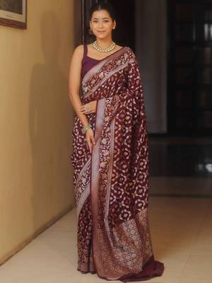Maroon  silk blend jacuard work festival saree with unstitched blouse piece 1