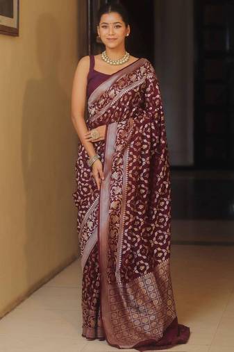 Maroon  silk blend jacuard work festival saree with unstitched blouse piece