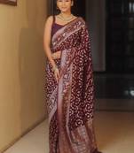 Maroon  silk blend jacuard work festival saree with unstitched blouse piece