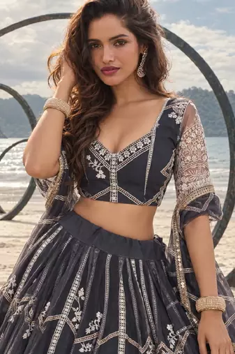 DARK GREY NET THREAD WITH ZARI AND SEQUIN WORK FESTIVE LEHENGA CHOLI