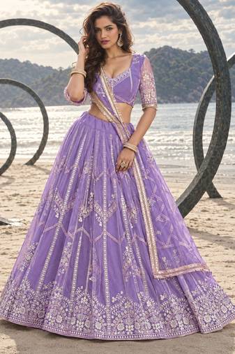 LAVENDER NET THREAD WITH ZARI AND SEQUIN WORK FESTIVE LEHENGA CHOLI