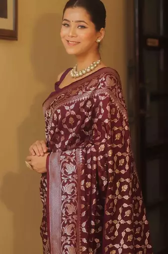 Maroon  silk blend jacuard work festival saree with unstitched blouse piece
