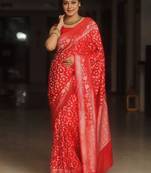 Red  silk blend jacuard work festival saree with unstitched blouse piece