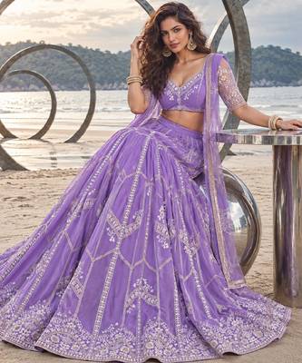 LAVENDER NET THREAD WITH ZARI AND SEQUIN WORK FESTIVE LEHENGA CHOLI 4