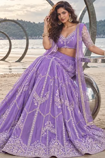 LAVENDER NET THREAD WITH ZARI AND SEQUIN WORK FESTIVE LEHENGA CHOLI