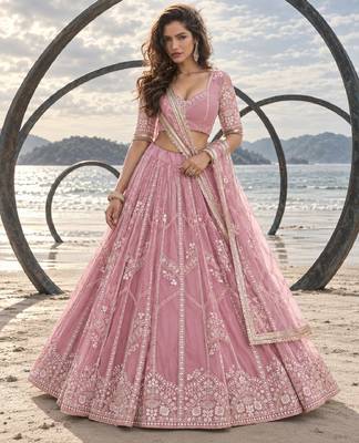 PINK NET THREAD WITH ZARI AND SEQUINCE WORK FESTIVE LEHENGA CHOLI SET FOR WOMEN'S 1