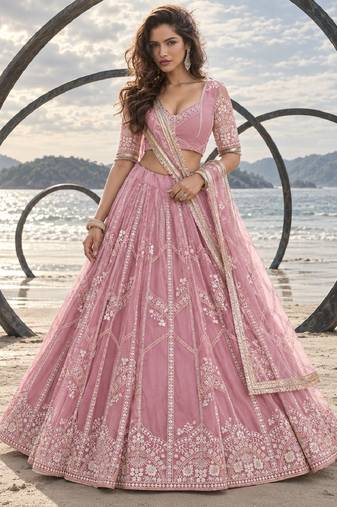 PINK NET THREAD WITH ZARI AND SEQUIN WORK FESTIVE LEHENGA CHOLI