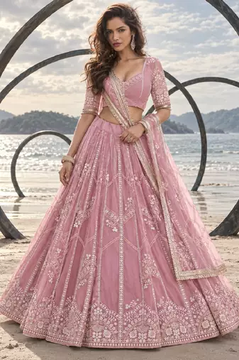 PINK NET THREAD WITH ZARI AND SEQUINCE WORK FESTIVE LEHENGA CHOLI SET FOR WOMEN'S