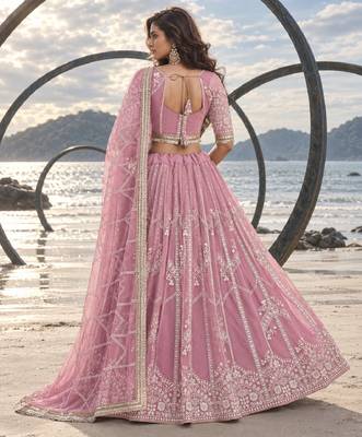 PINK NET THREAD WITH ZARI AND SEQUINCE WORK FESTIVE LEHENGA CHOLI SET FOR WOMEN'S 2
