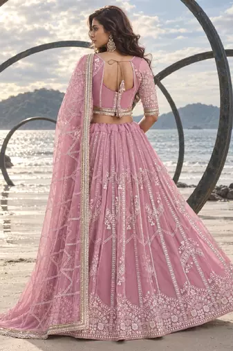 PINK NET THREAD WITH ZARI AND SEQUINCE WORK FESTIVE LEHENGA CHOLI SET FOR WOMEN'S