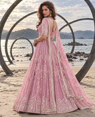PINK NET THREAD WITH ZARI AND SEQUINCE WORK FESTIVE LEHENGA CHOLI SET FOR WOMEN'S 3